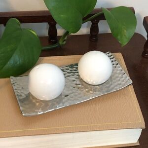 White Ceramic Salt & Pepper Spheres on Silver Tray